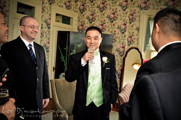 Groom, best man, and groomsmen relaxing before the ceremony. Ceresville Mansion Frederick Maryland Wedding Photo by wedding photographer Leo Dj Photography